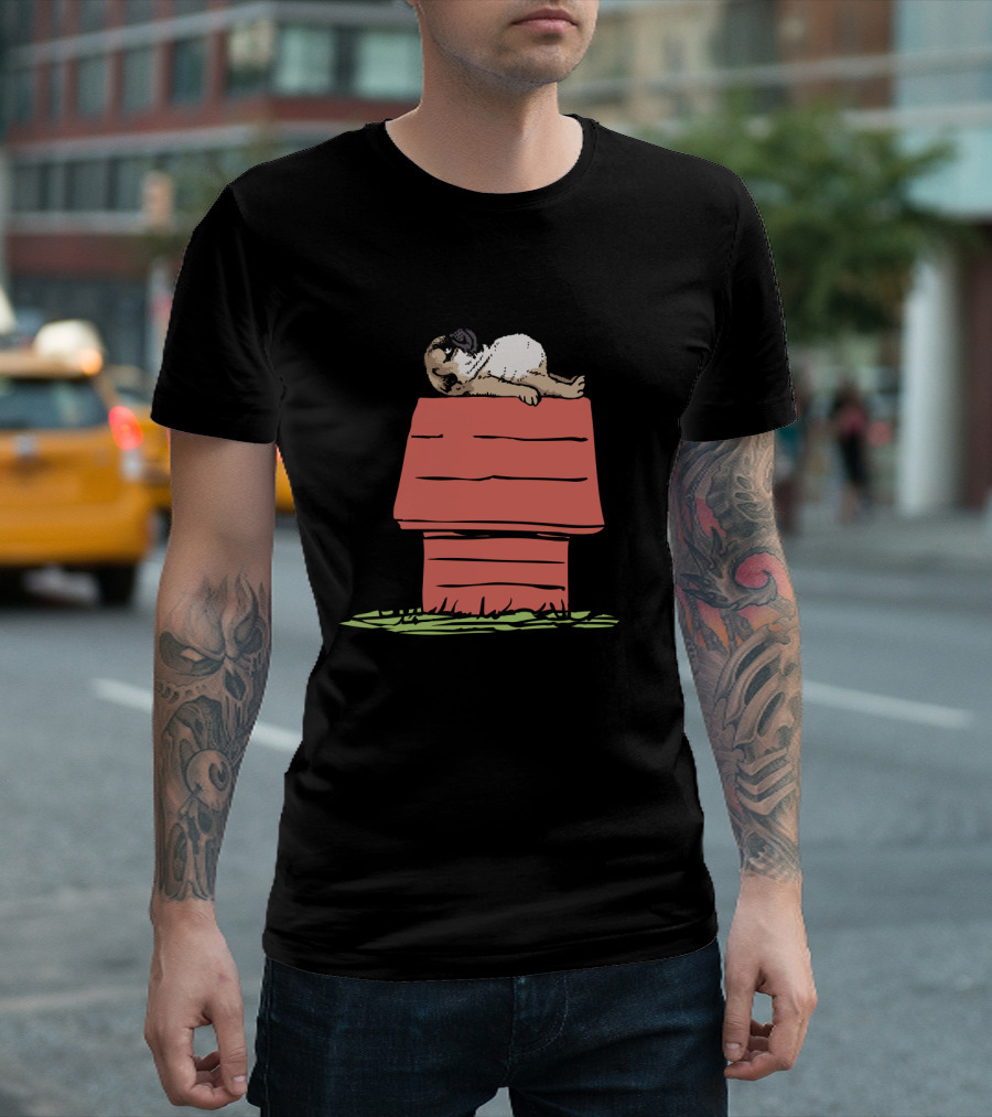 Pug on Doghouse Graphic with Classic Cartoon Reference T-Shirt