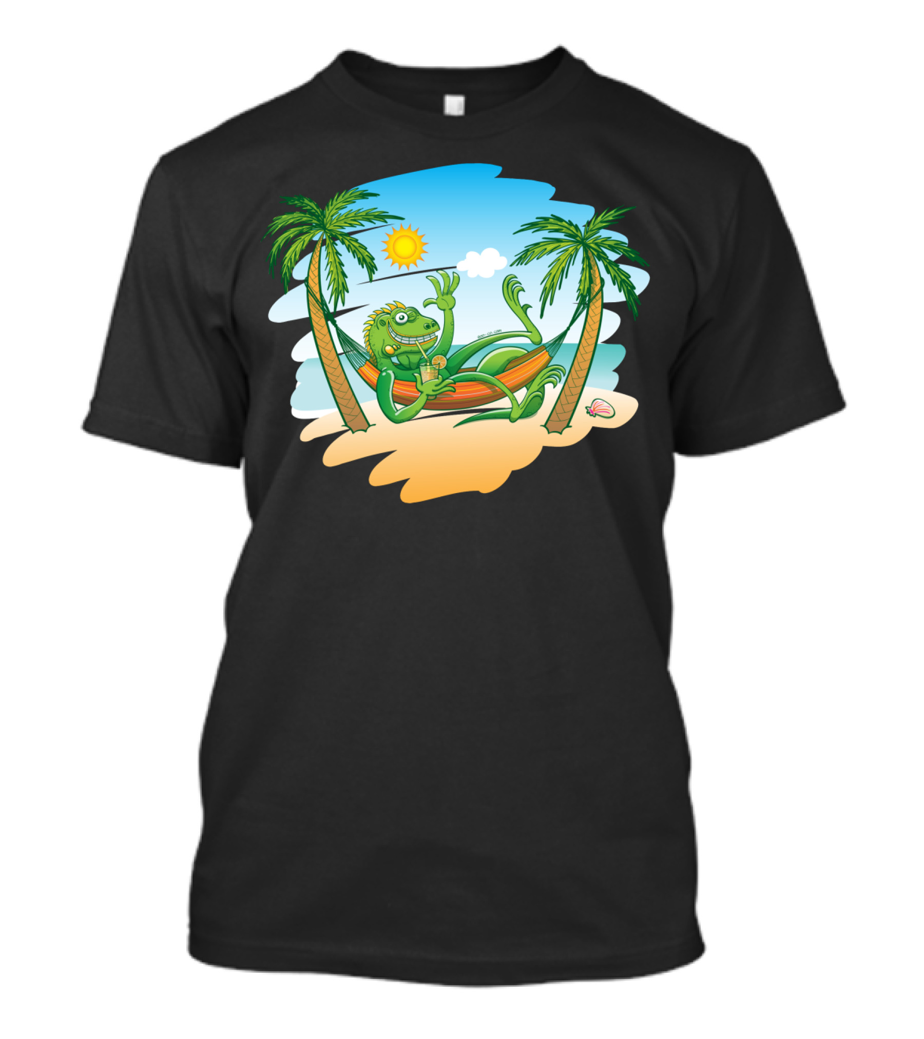 Iguana Relaxing In Hammock Between Palm Trees On Sunny Beach Scene T-Shirt