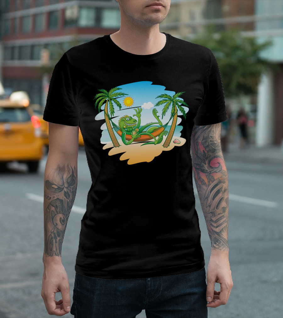Iguana Relaxing In Hammock Between Palm Trees On Sunny Beach Scene T-Shirt
