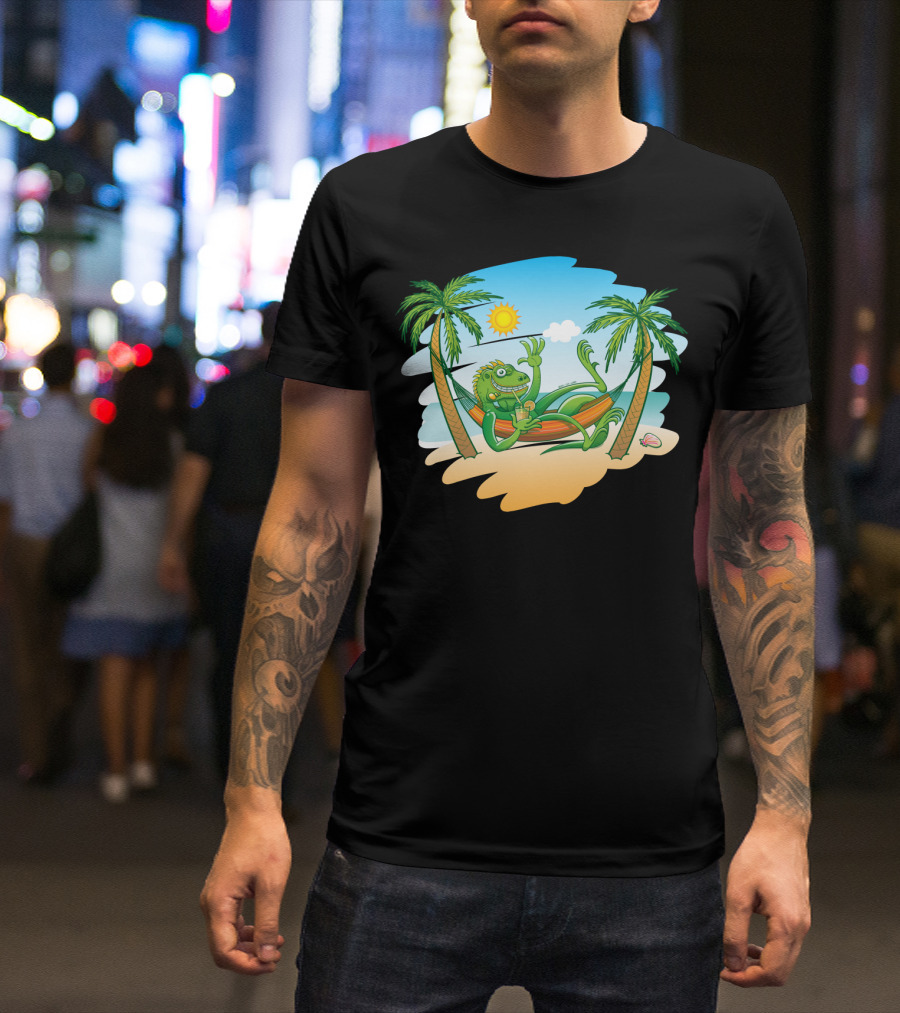 Iguana Relaxing In Hammock Between Palm Trees On Sunny Beach Scene T-Shirt