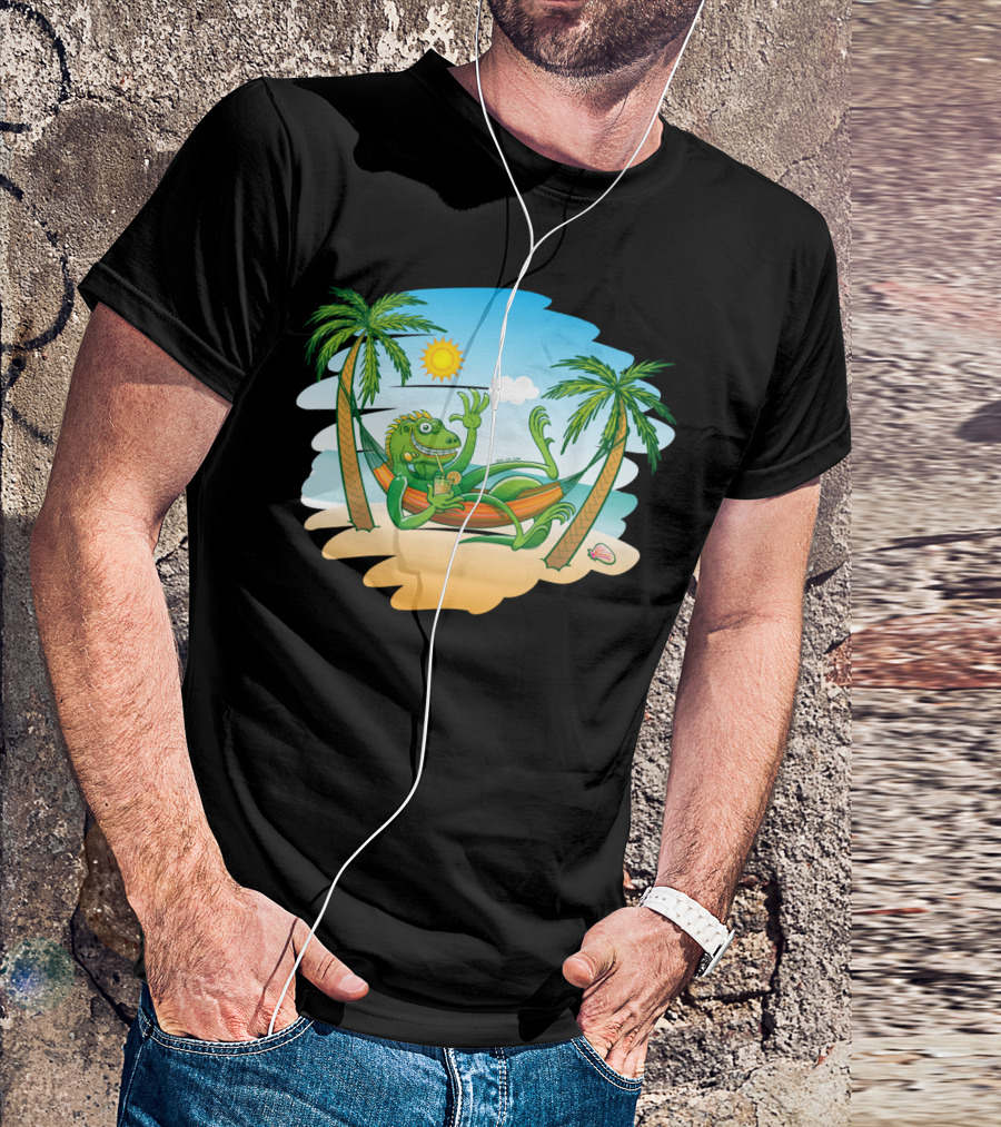 Iguana Relaxing In Hammock Between Palm Trees On Sunny Beach Scene T-Shirt