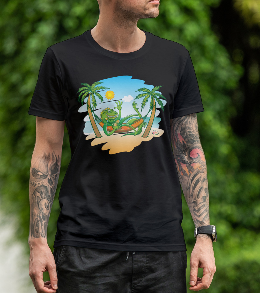 Iguana Relaxing In Hammock Between Palm Trees On Sunny Beach Scene T-Shirt