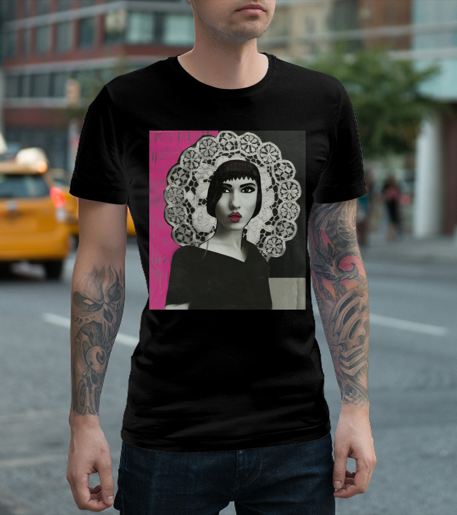 Lace Halo and Black Dress Against Pink T-Shirt