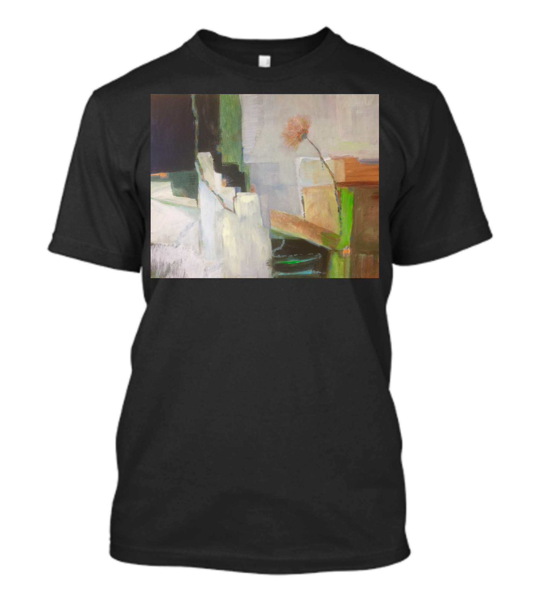 Growing Abstract Floral Composition With Green Accents And Geometric T-Shirt