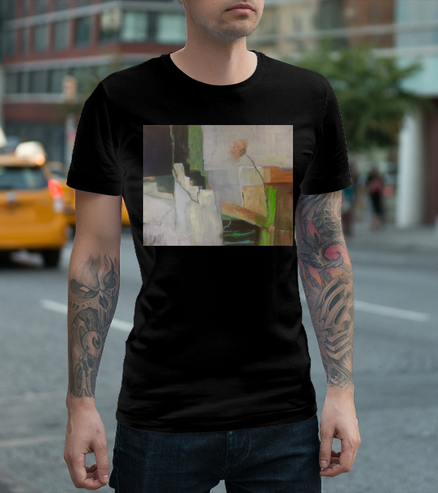 Growing Abstract Floral Composition With Green Accents And Geometric T-Shirt
