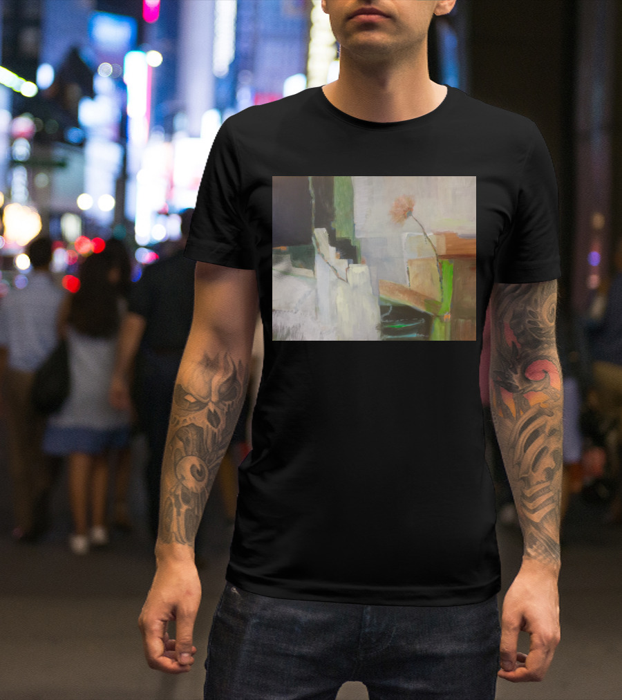 Growing Abstract Floral Composition With Green Accents And Geometric T-Shirt