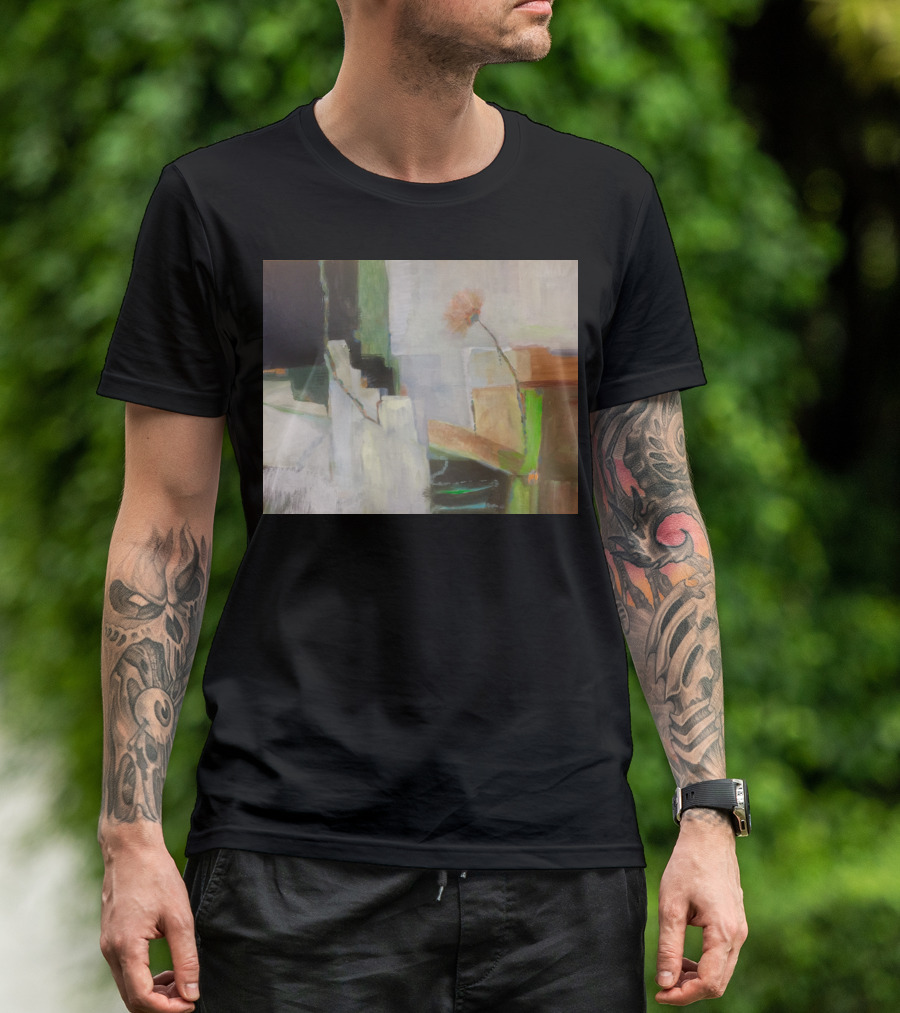 Growing Abstract Floral Composition With Green Accents And Geometric T-Shirt
