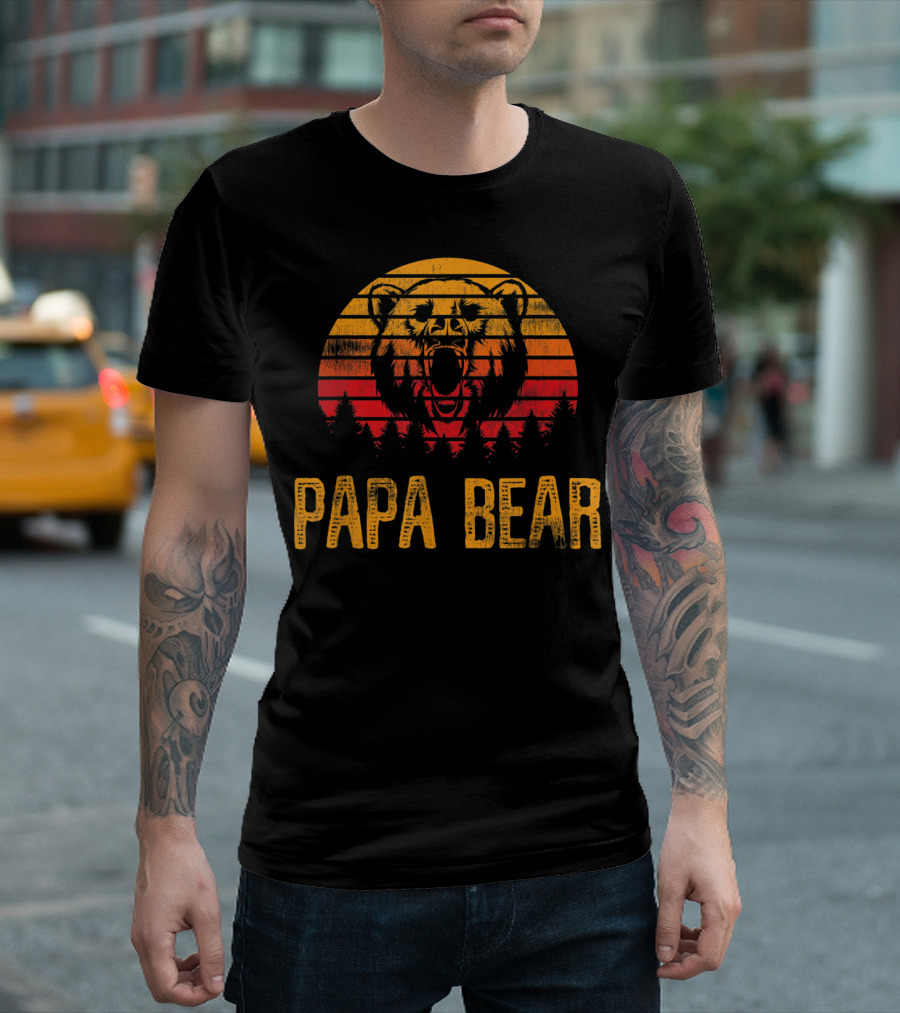Papa Bear Forest Silhouette with Sunset Stripes T-Shirt