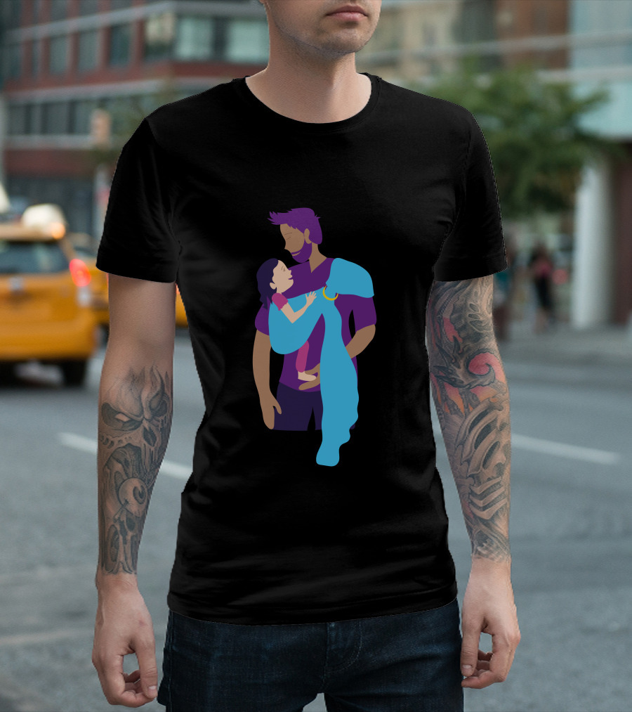 Peaceful Papa Babywearing Dad With Child In Blue Sling T-Shirt