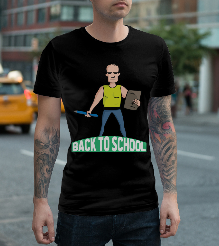 Back To School Tough Teacher Cartoon Character With Pencil And Clipboard T-Shirt