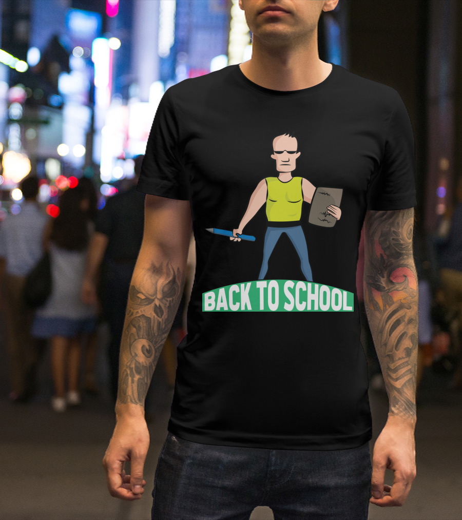 Back To School Tough Teacher Cartoon Character With Pencil And Clipboard T-Shirt