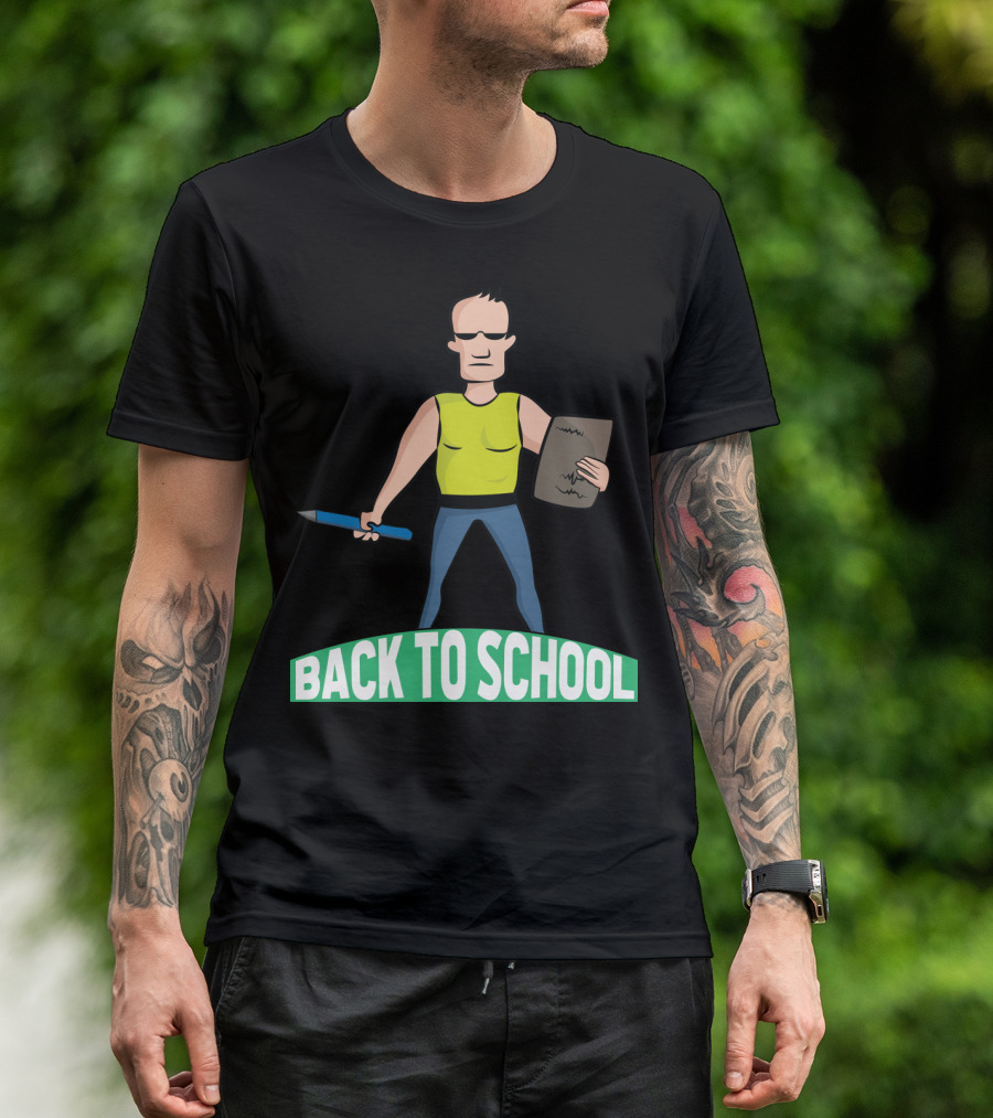 Back To School Tough Teacher Cartoon Character With Pencil And Clipboard T-Shirt