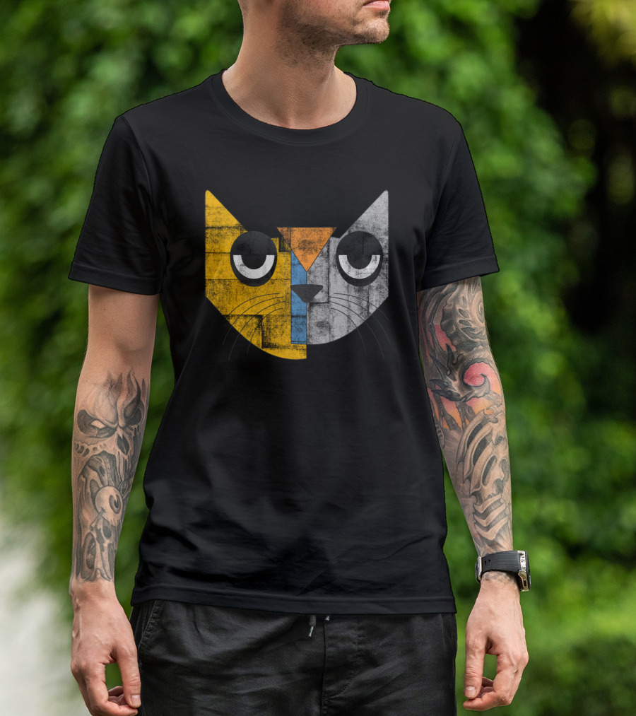 Cubicat Tired Geometric Cat Face With Color Blocks And Whiskers T-Shirt