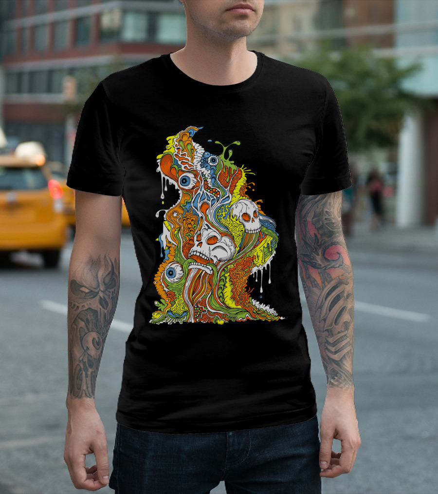 Punk Sludge Psychedelic Skull and Eye Overflow with Vibrant Dripping Colors T-Shirt
