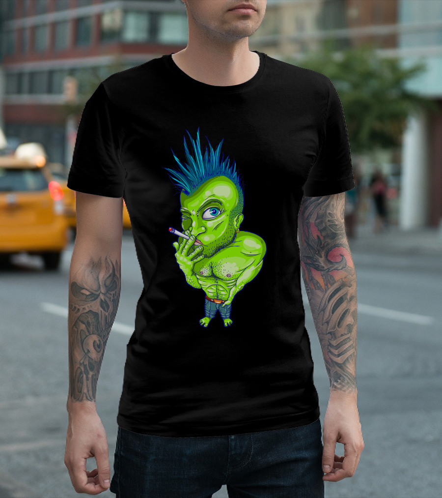 Green Punk Mohawk Cigarette Character T-Shirt