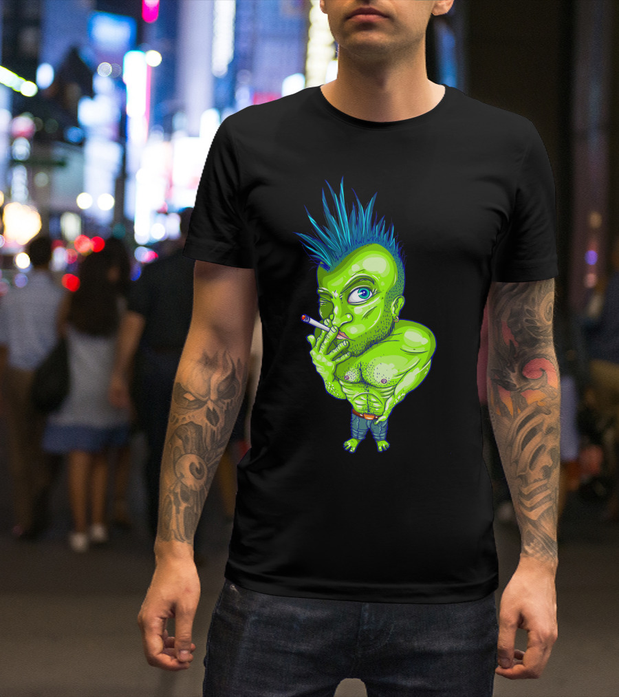 Green Punk Mohawk Cigarette Character T-Shirt