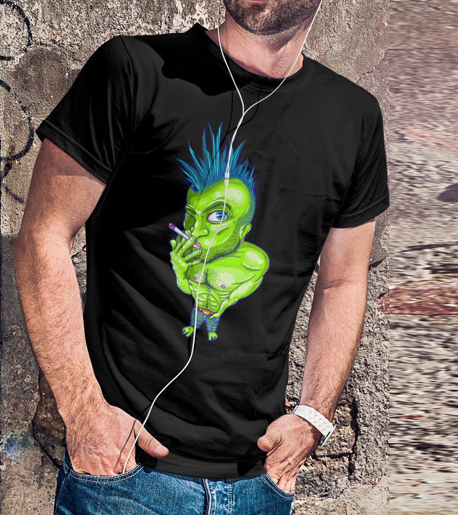 Green Punk Mohawk Cigarette Character T-Shirt