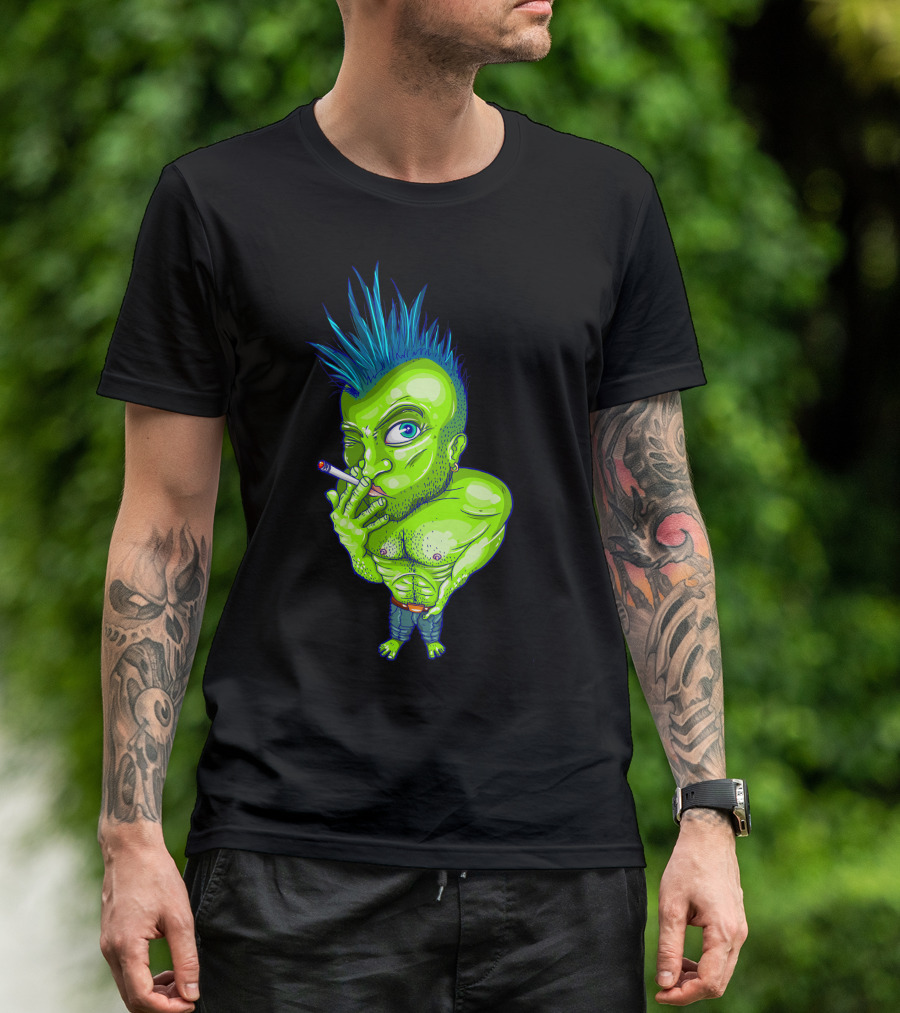 Green Punk Mohawk Cigarette Character T-Shirt