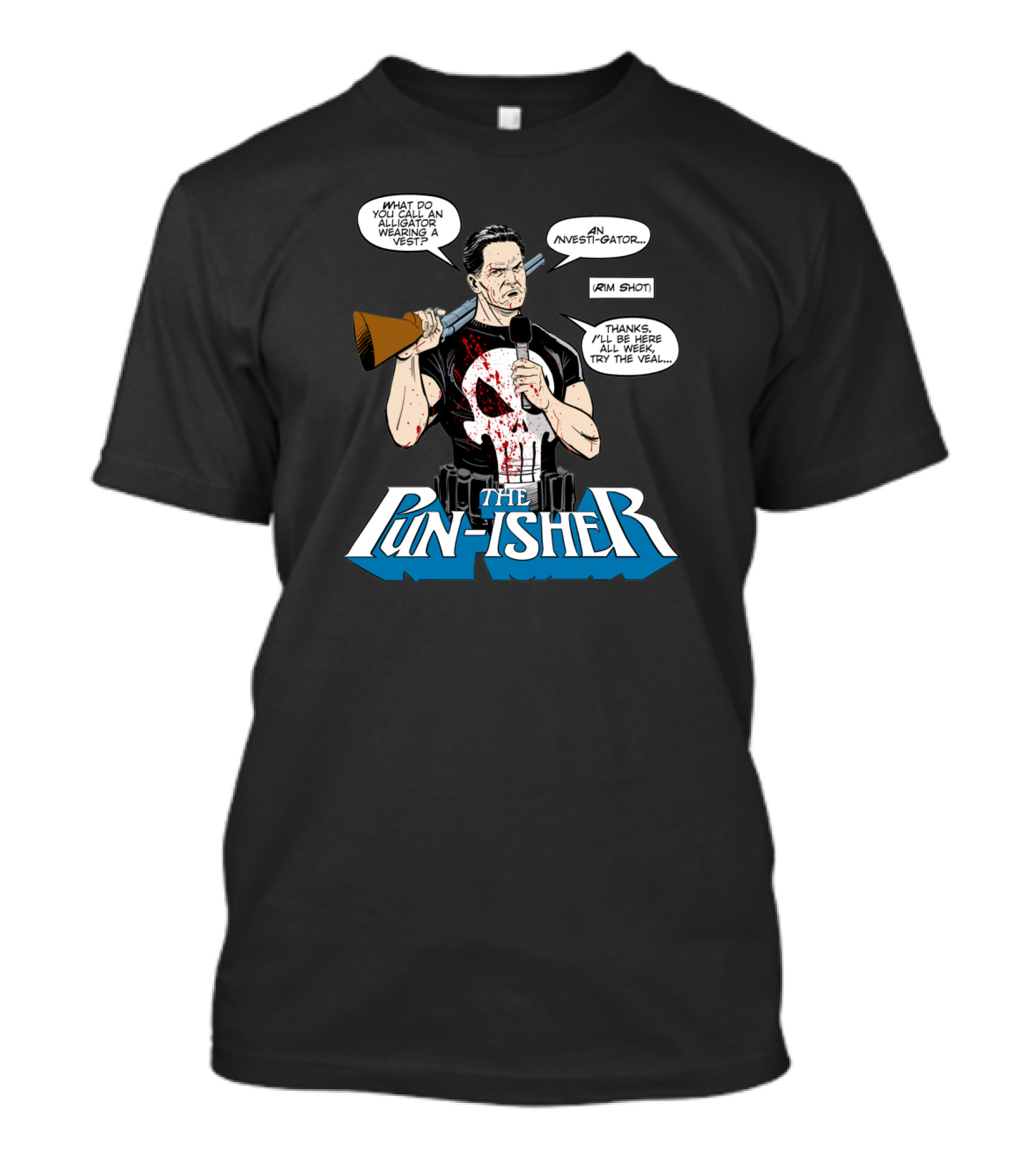 The Pun-Isher Comedian With Skull Vest And Inves-ti-Gator Joke Speech Bubbles T-Shirt