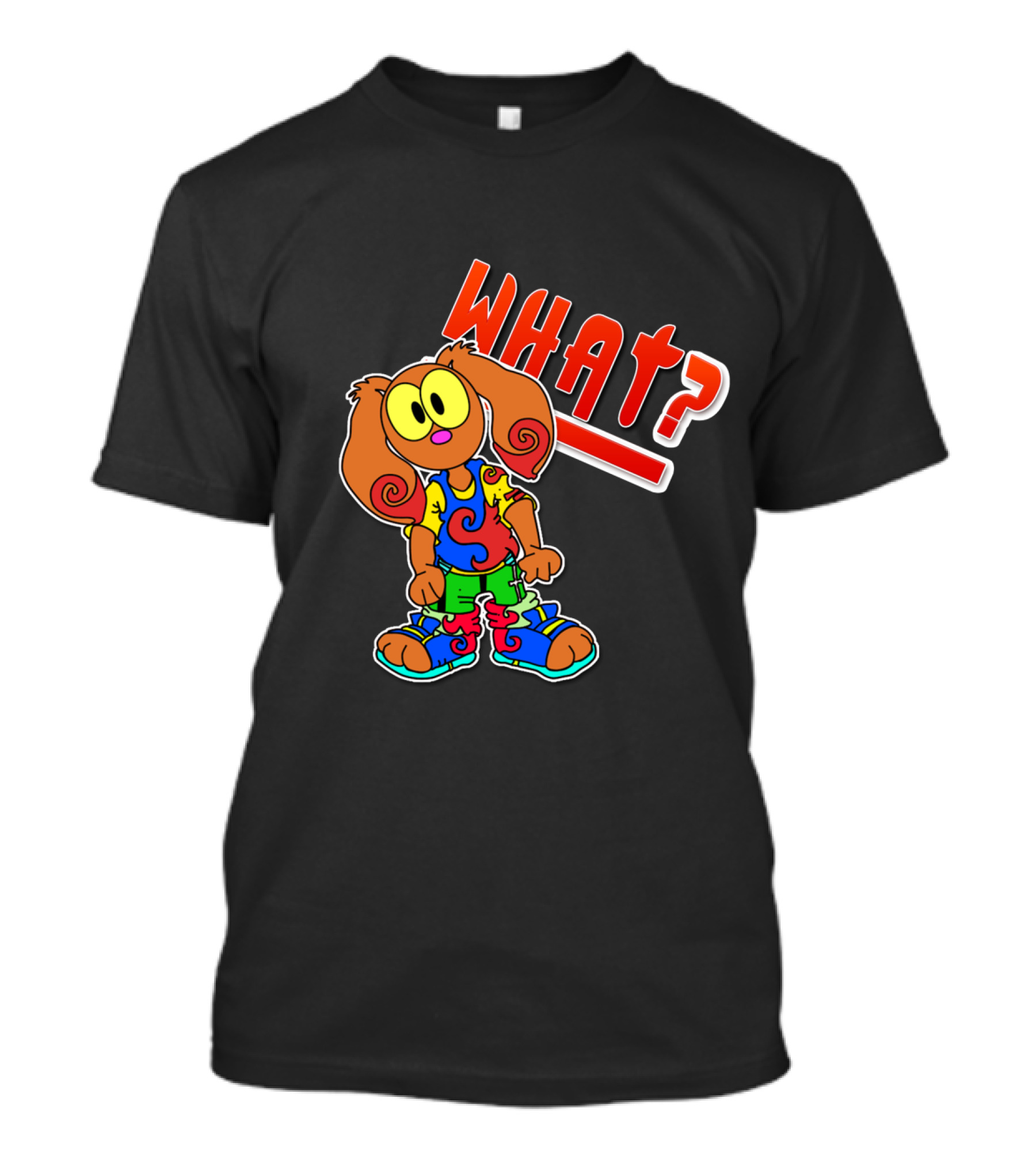 HUH RABBIT WHAT Colorful Cartoon Character With Swirly Ears T-Shirt