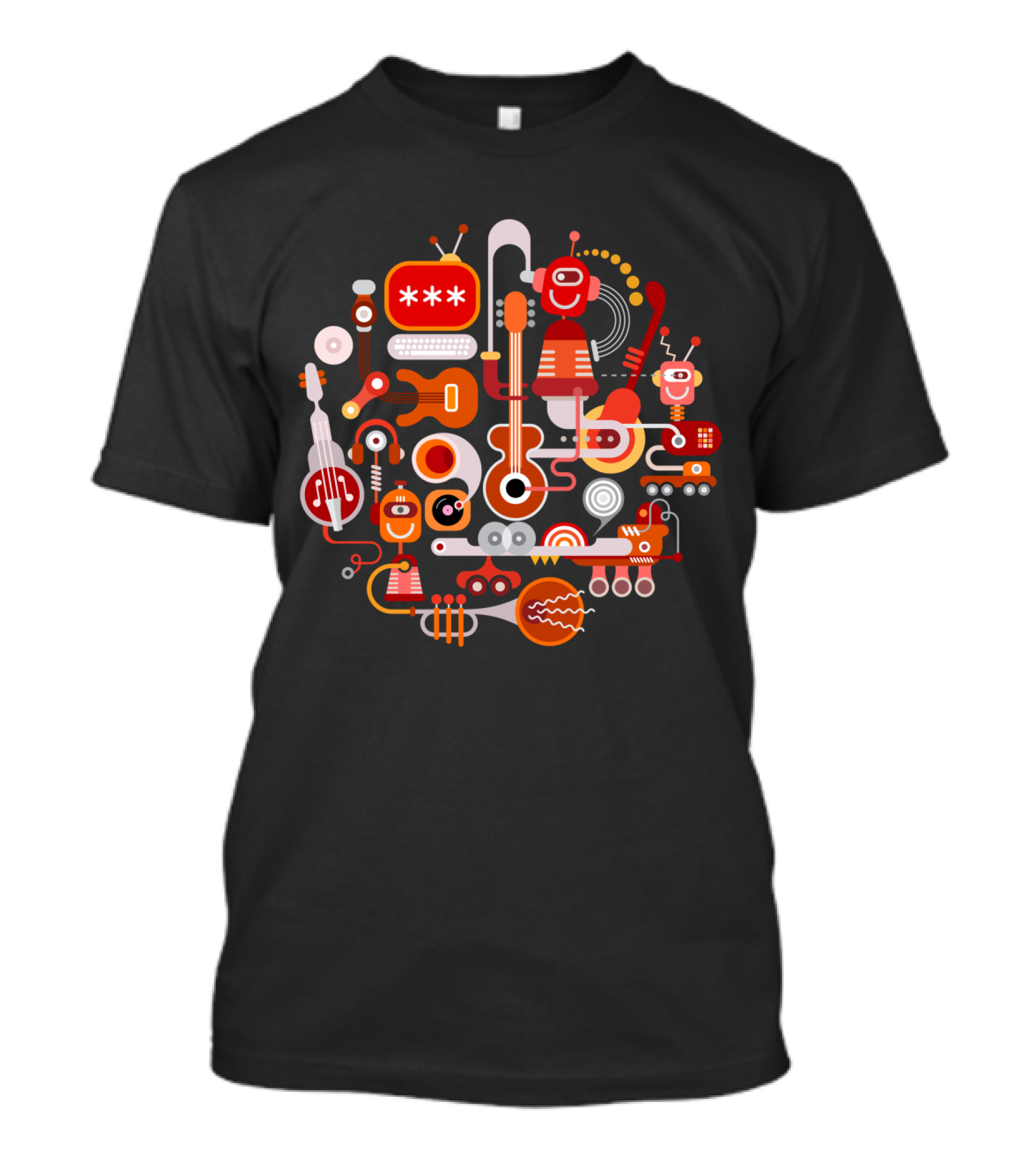 Music Studio Instruments Robots Guitar Microphone Retro Abstract T-Shirt