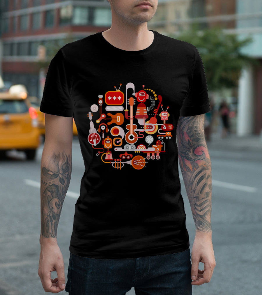 Music Studio Instruments Robots Guitar Microphone Retro Abstract T-Shirt