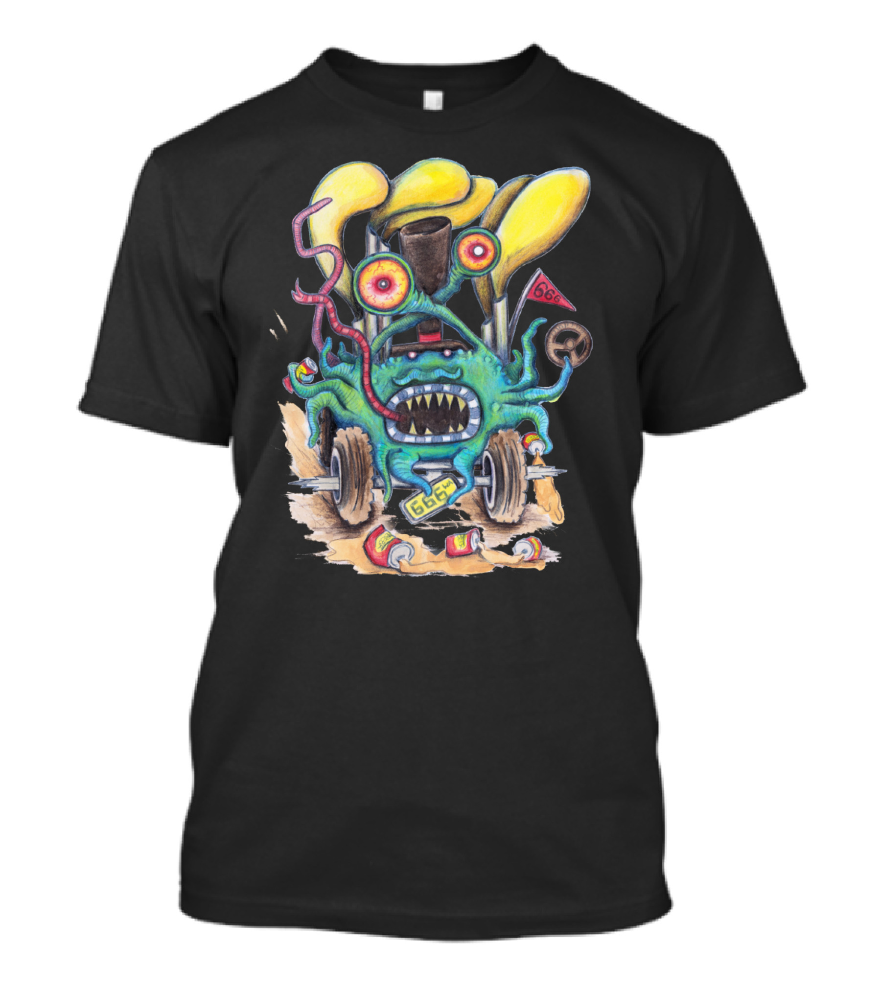 Aussie Road Rage Hoon Monster With License Plate 666 And Three-Eyed Tentacled Creature In Hot Rod T-Shirt