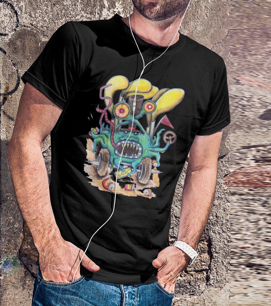 Aussie Road Rage Hoon Monster With License Plate 666 And Three-Eyed Tentacled Creature In Hot Rod T-Shirt