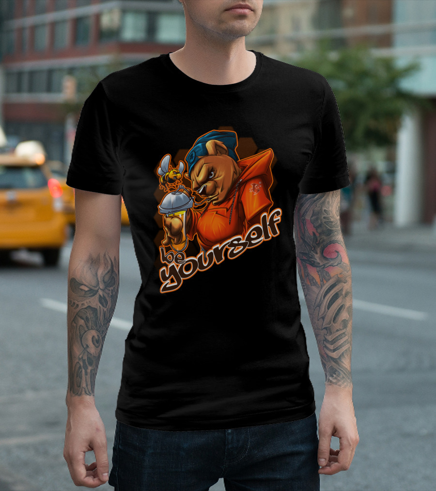 Bear Holding Honey Drink with Bee and Be Yourself Text T-Shirt