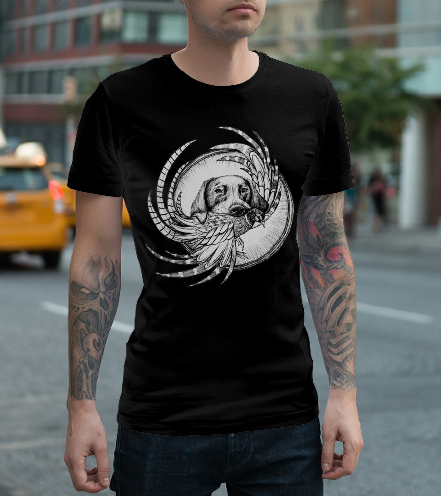 Bird Dog with Pheasant in Feathered Circular Motif T-Shirt