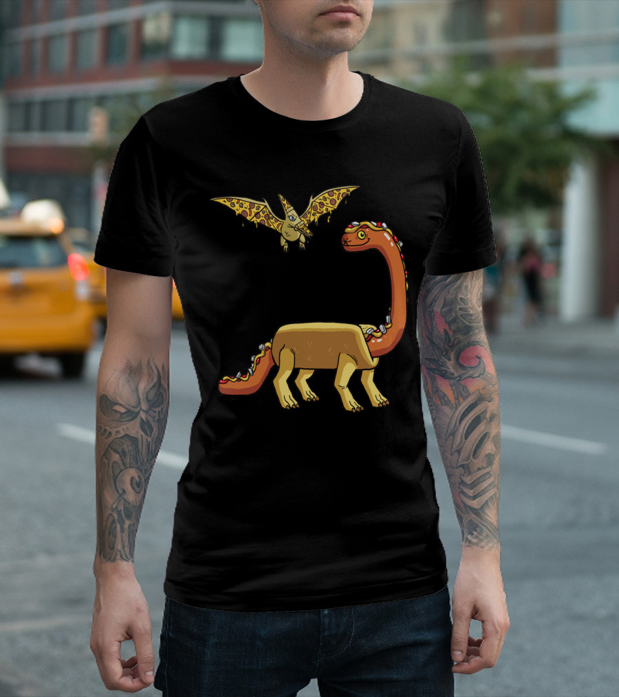 Brontodog and Pizzadactyl Dinosaur Pizza Parody Quirky Cartoon Duo T-Shirt