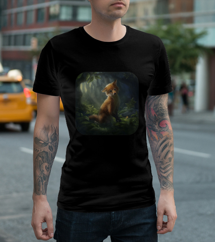 Happy Fox in Rainy Forest Scene T-Shirt