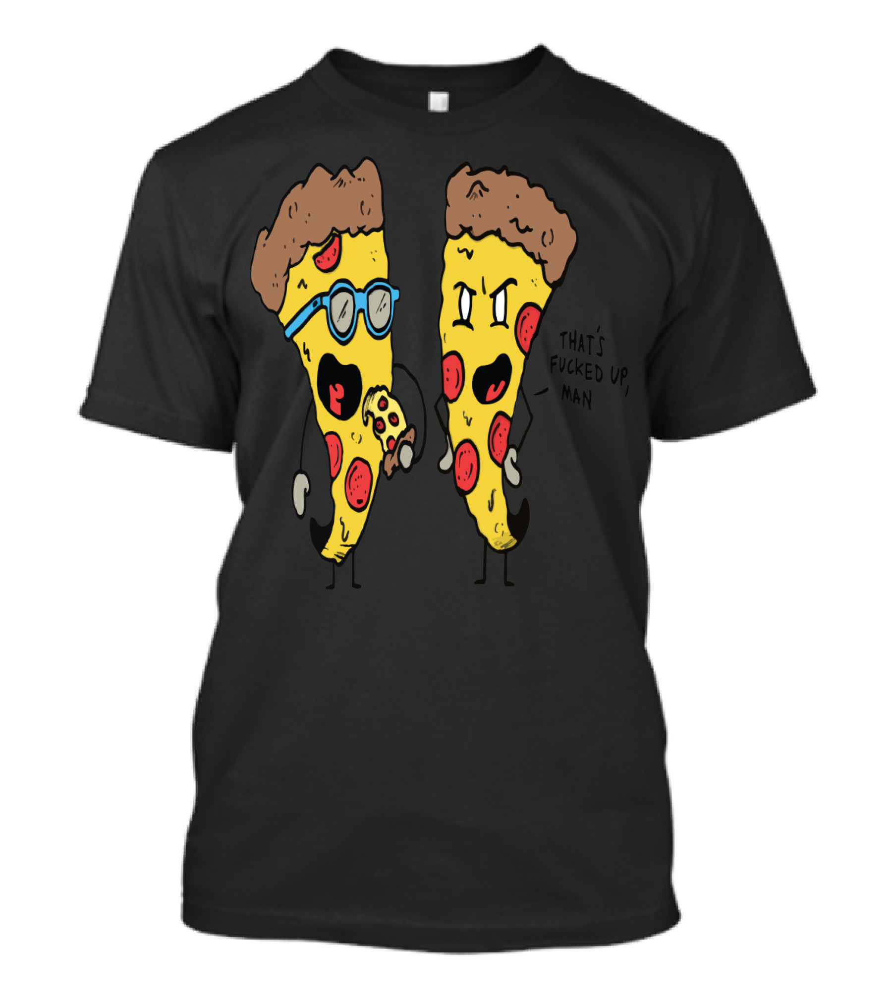 Angry Pizza Slice Confronts Nerdy Pizza With Glasses Eating Mini Pizza T-Shirt