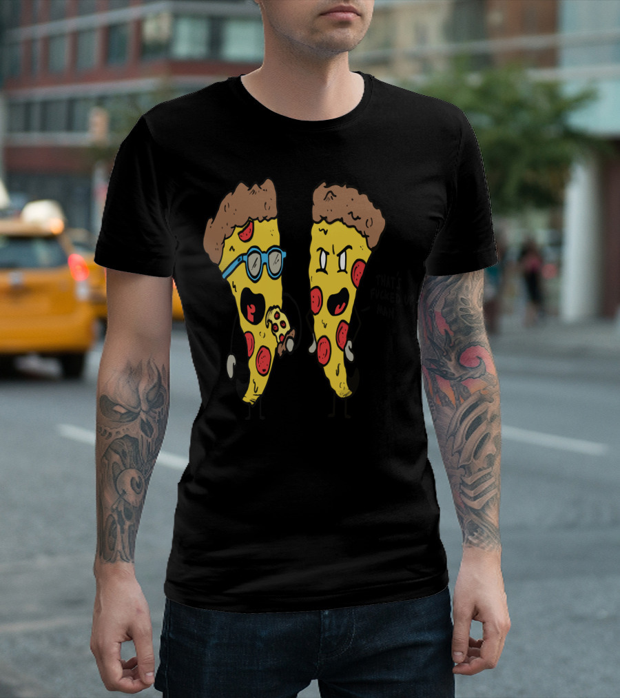 Angry Pizza Slice Confronts Nerdy Pizza With Glasses Eating Mini Pizza T-Shirt
