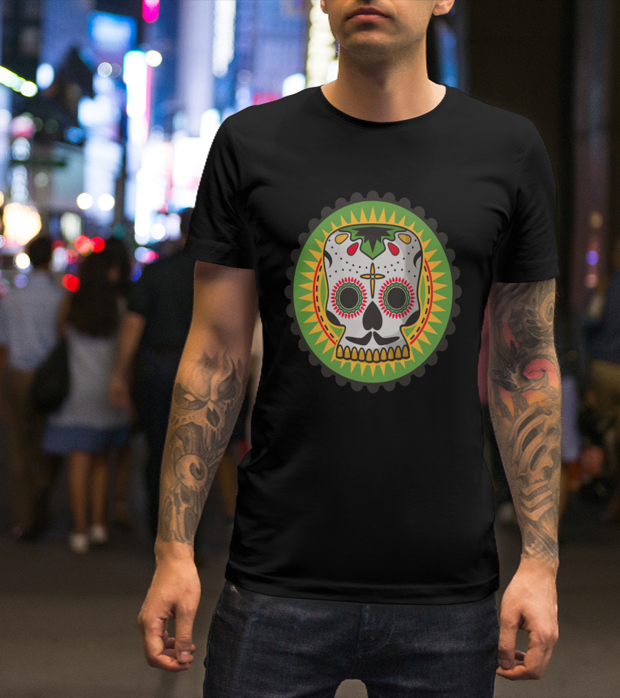 Day Of The Dead Sugar Skull Icon With Sunburst And Green Circle T-Shirt