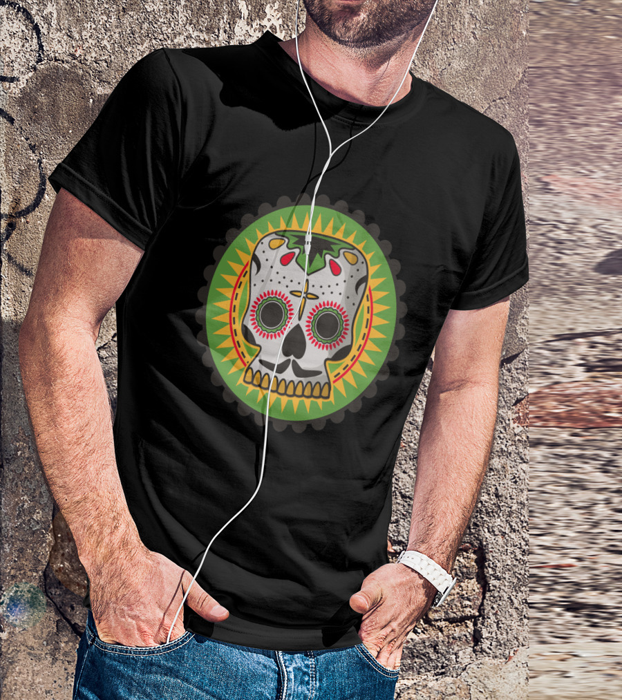 Day Of The Dead Sugar Skull Icon With Sunburst And Green Circle T-Shirt