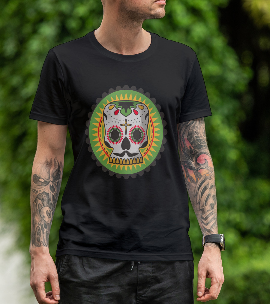 Day Of The Dead Sugar Skull Icon With Sunburst And Green Circle T-Shirt