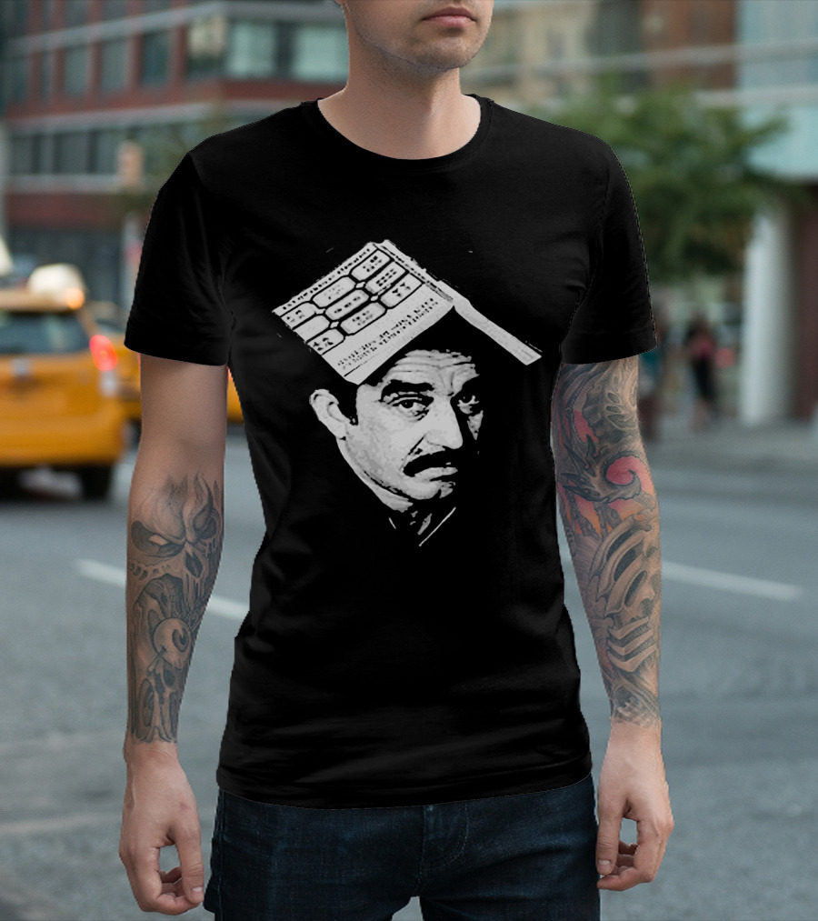 Gabriel Garcia Scrutinizes Written Thoughts Beneath Newspaper Hat T-Shirt
