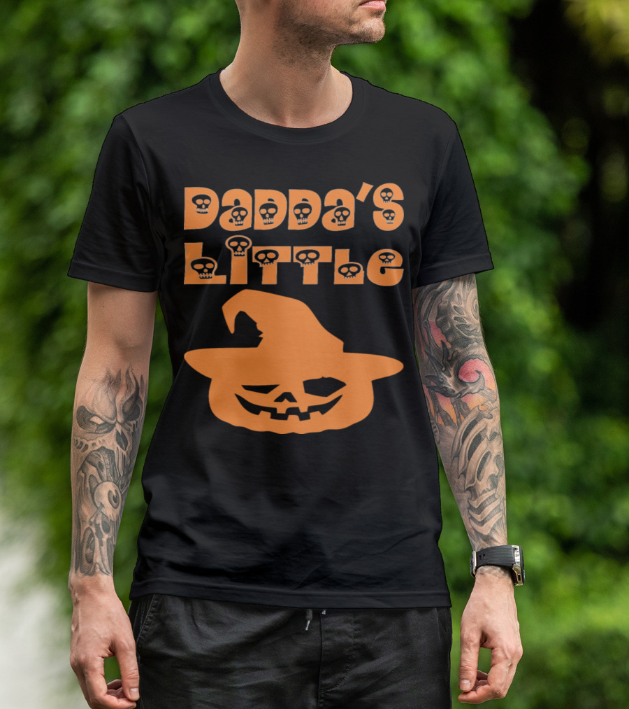 Dadda's Little Halloween Pumpkin With Skull Accent Letters And Witch Hat T-Shirt