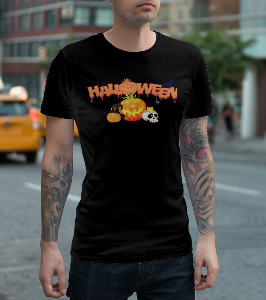 Halloween Pumpkin Skull Witch Hat Bat Spider Spiderweb T-Shirt