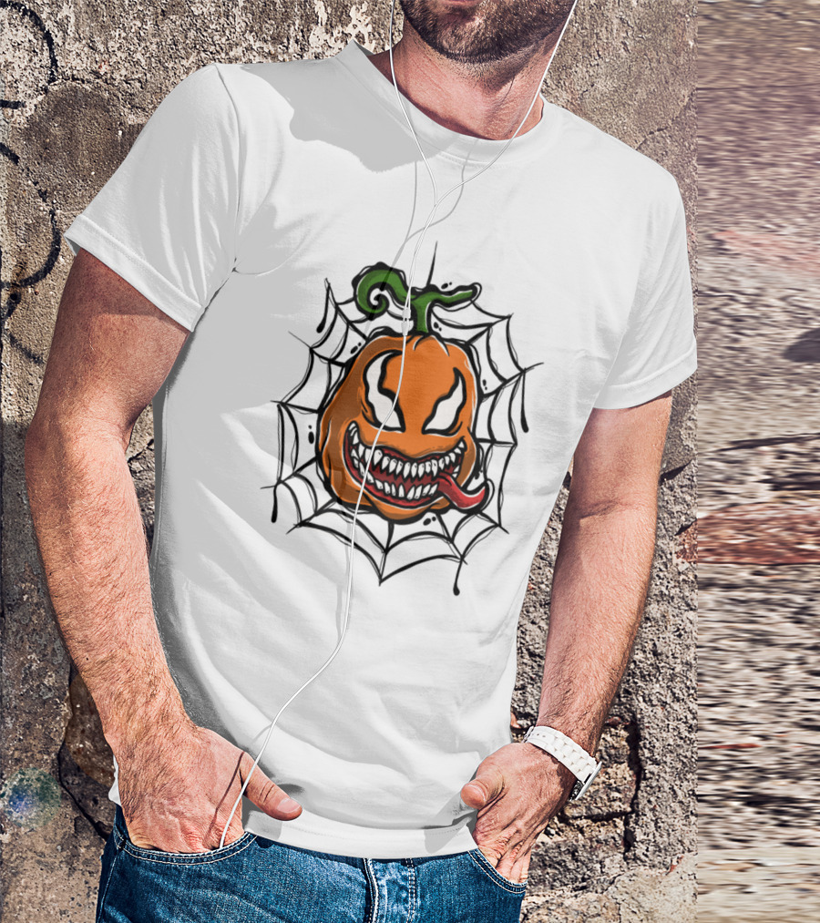 Pumpkin Halloween Horror With Creepy Spider Web T-Shirt