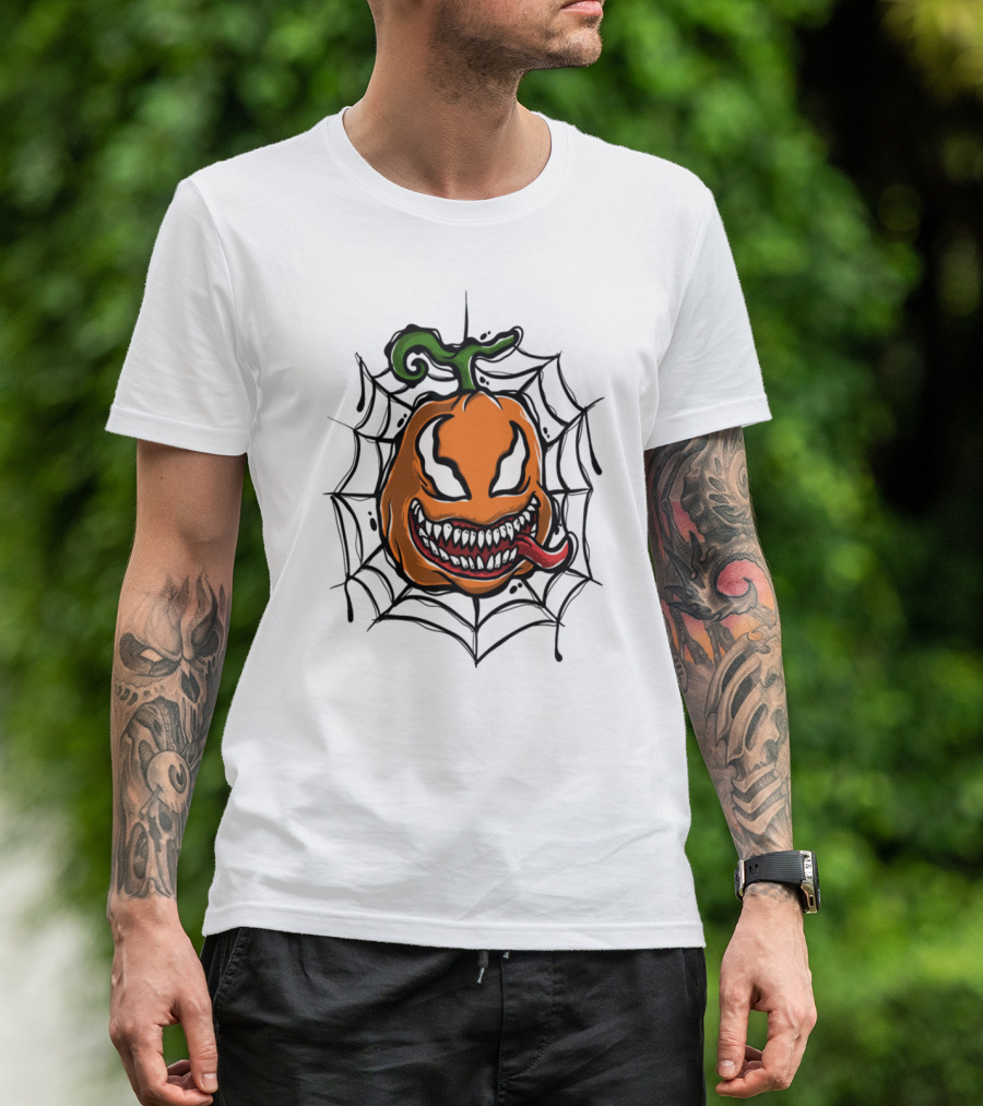 Pumpkin Halloween Horror With Creepy Spider Web T-Shirt