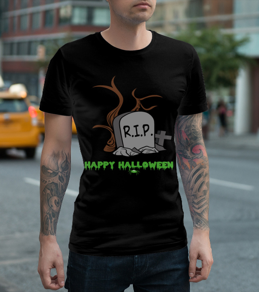 Happy Halloween Tombstone RIP Gravestone With Creepy Tree And Cross T-Shirt