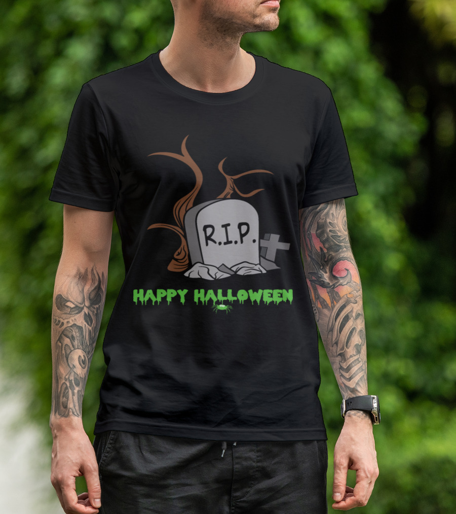 Happy Halloween Tombstone RIP Gravestone With Creepy Tree And Cross T-Shirt