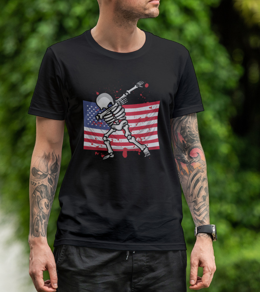 Dabbing Skeleton With American Flag And Blood Splatter T-Shirt
