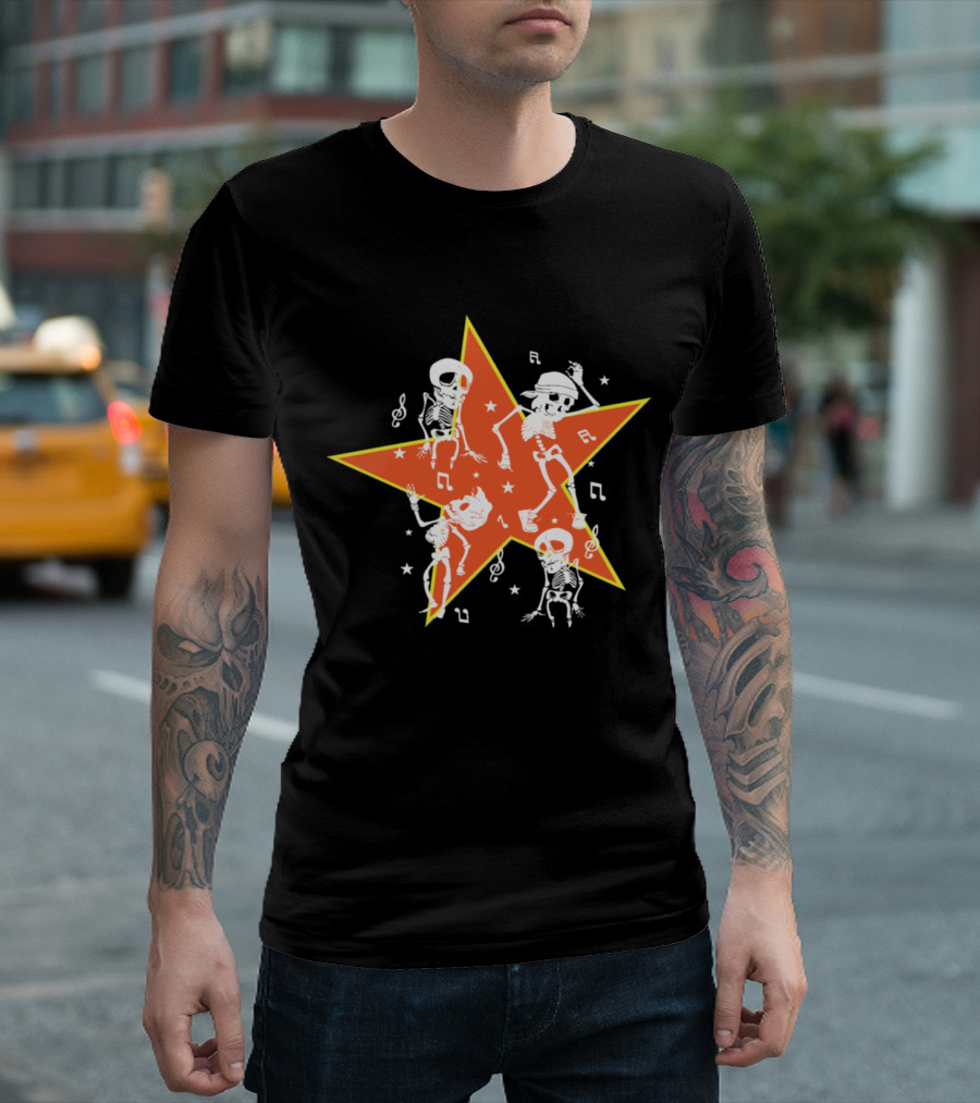 Dancing Skeletons with Hats and Musical Notes on Orange Star Background T-Shirt