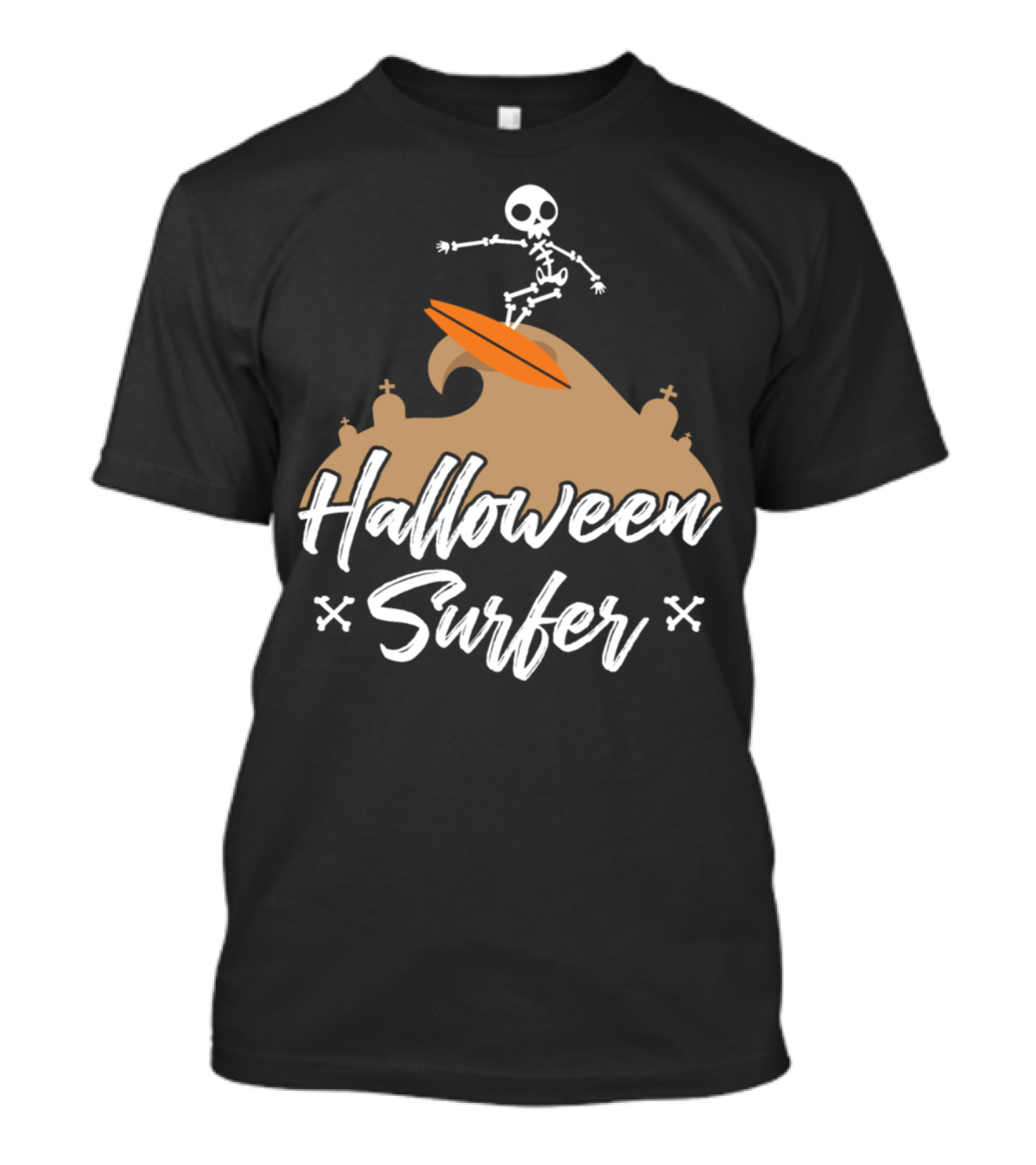 Halloween Surfer Skeleton Riding Orange Waves T-Shirt