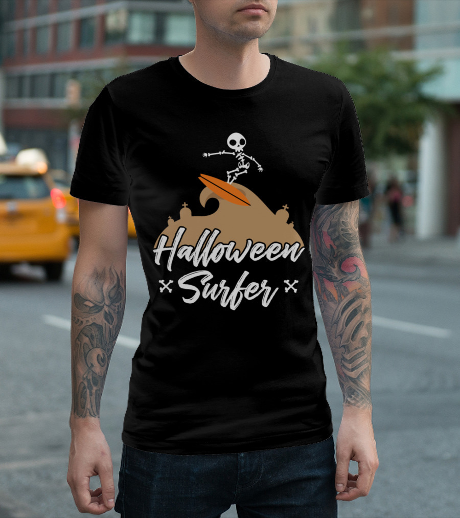 Halloween Surfer Skeleton Riding Orange Waves T-Shirt