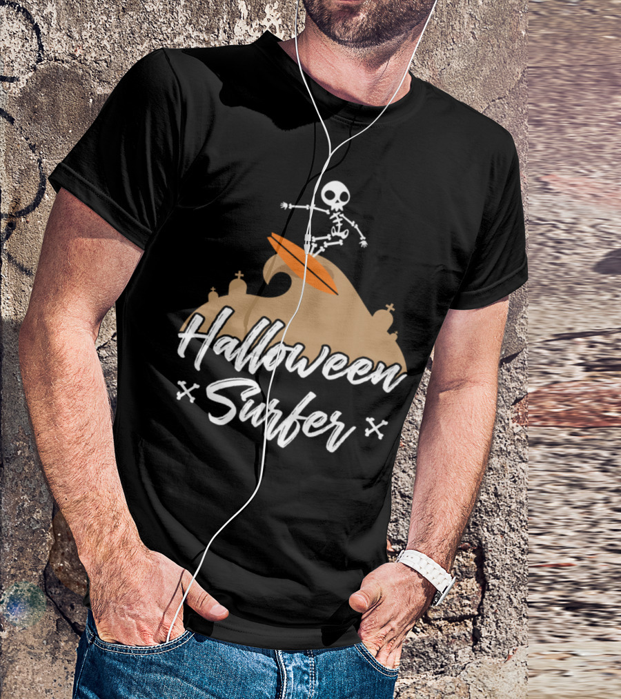 Halloween Surfer Skeleton Riding Orange Waves T-Shirt
