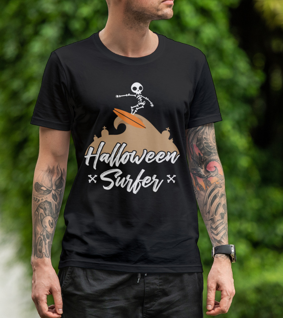 Halloween Surfer Skeleton Riding Orange Waves T-Shirt